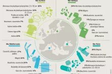 Coquillages et crustacés ... mais pas que - Principaux déchets rencontrés sur les plages de 4 mers, en pourcentage pour 100 m de bande côtière, d’après les tamisages de l’OSPAR* (2013)