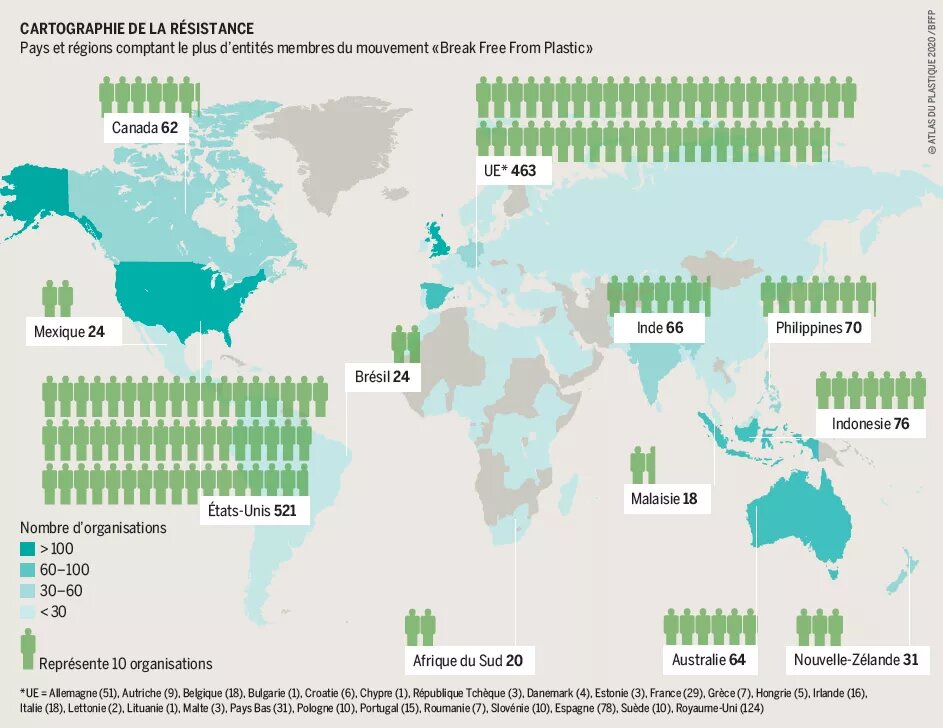 Cartographie de la résistance - Pays et régions comptant le plus d’entités membres du mouvement « Break Free From Plastic » 