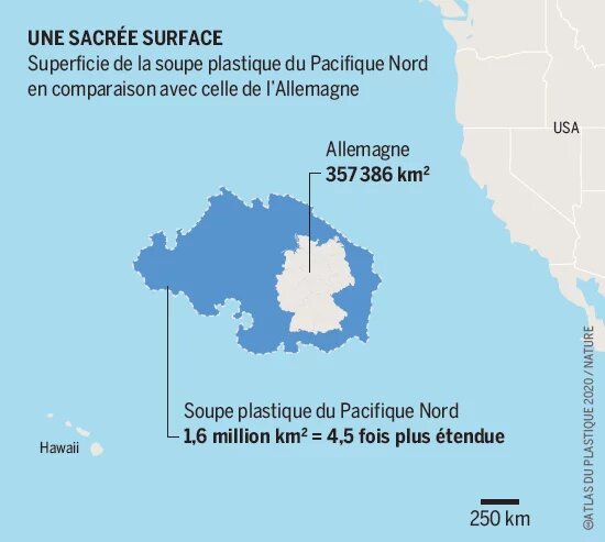 Une sacrée surface - Superficie de la soupe plastique du Pacifique Nord en comparaison avec celle de l’Allemagne